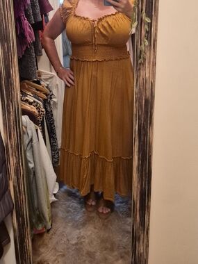 Old Navy Mustard Smocked Maxi Dress with Ruffle Hem